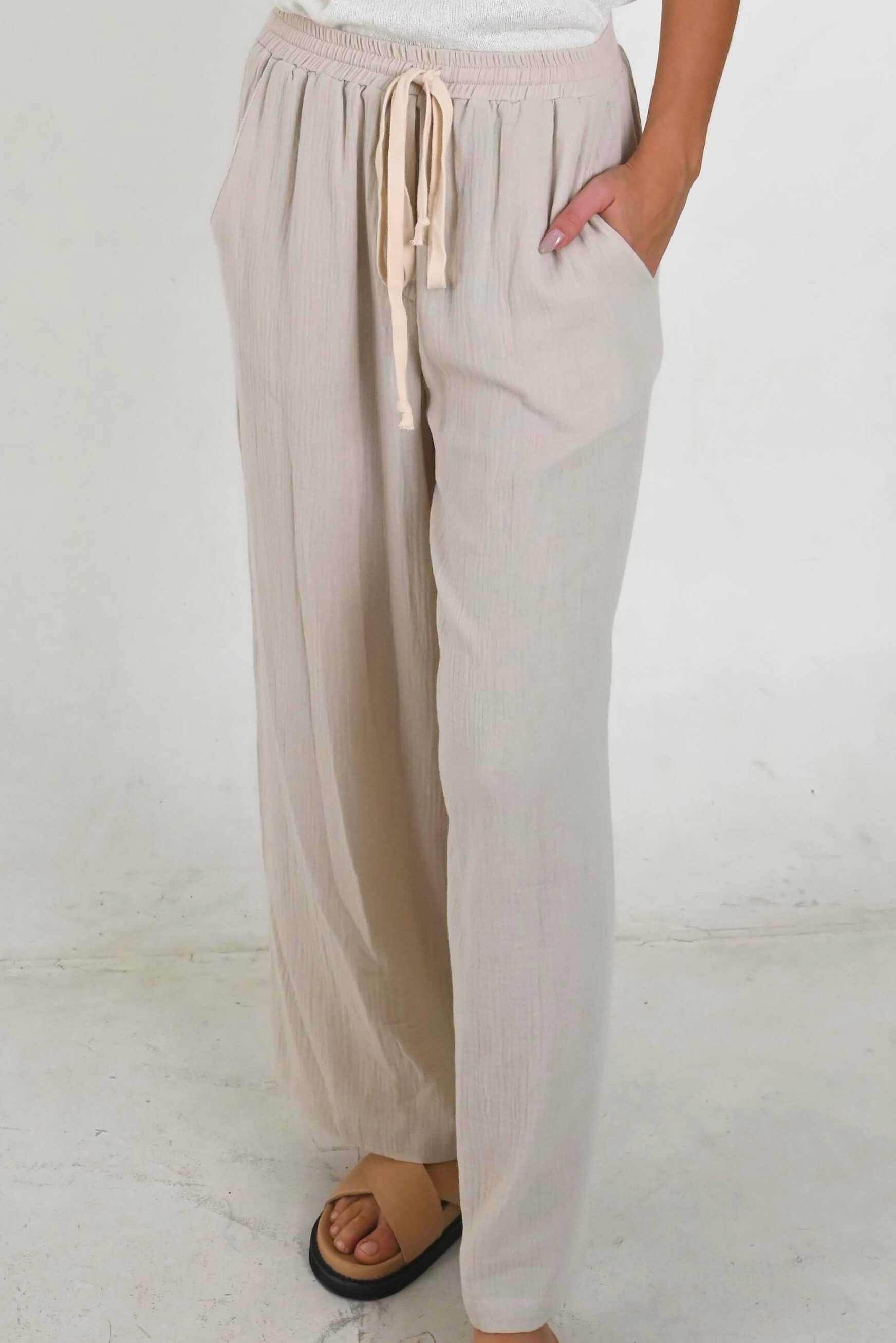 Ava Oyster Cotton Pants made from rayon-linen fabric