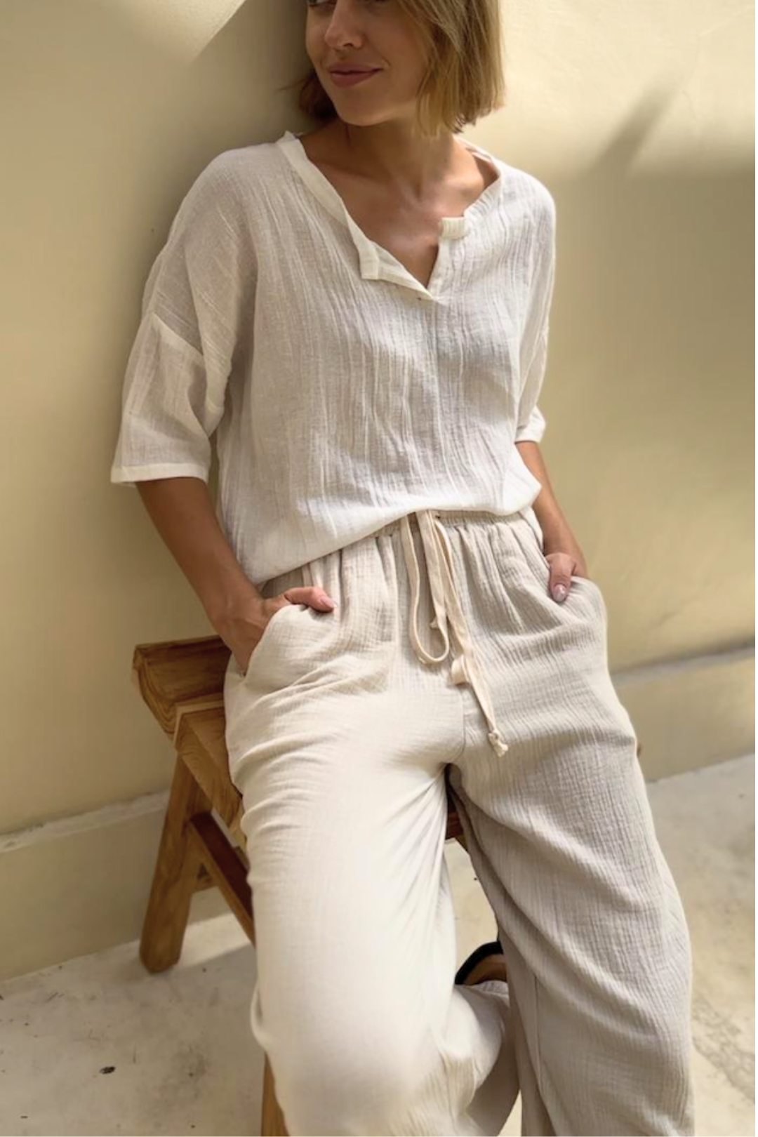 Ava Oyster Cotton Pants made from rayon-linen fabric