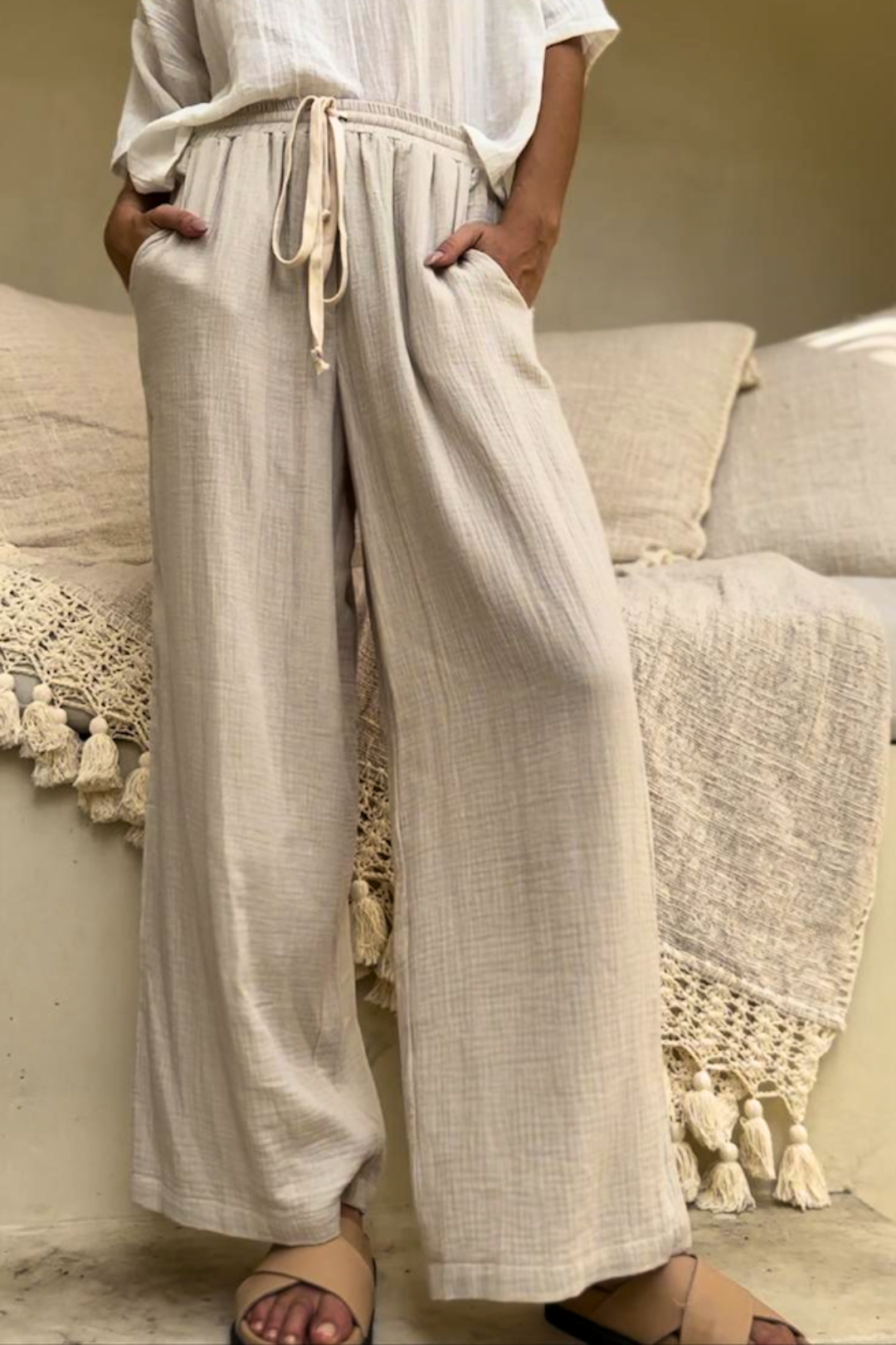Ava Oyster Cotton Pants made from rayon-linen fabric