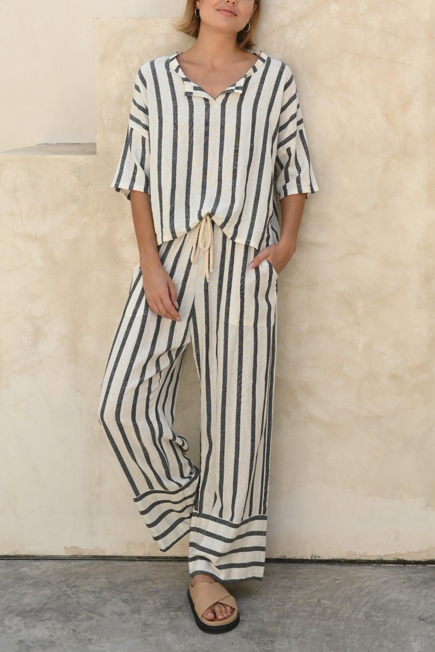 Izzie Stripe Linen Pants made from a cotton-linen blend
