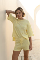 Quinn Lemon Knit Short made from a cotton-acrylic blend
