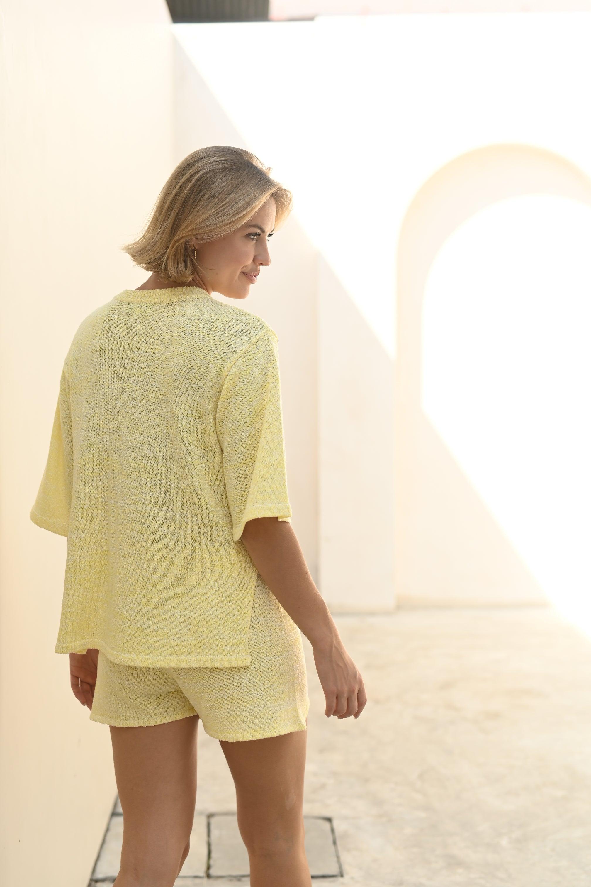 Quinn Lemon Knit Short made from a cotton-acrylic blend