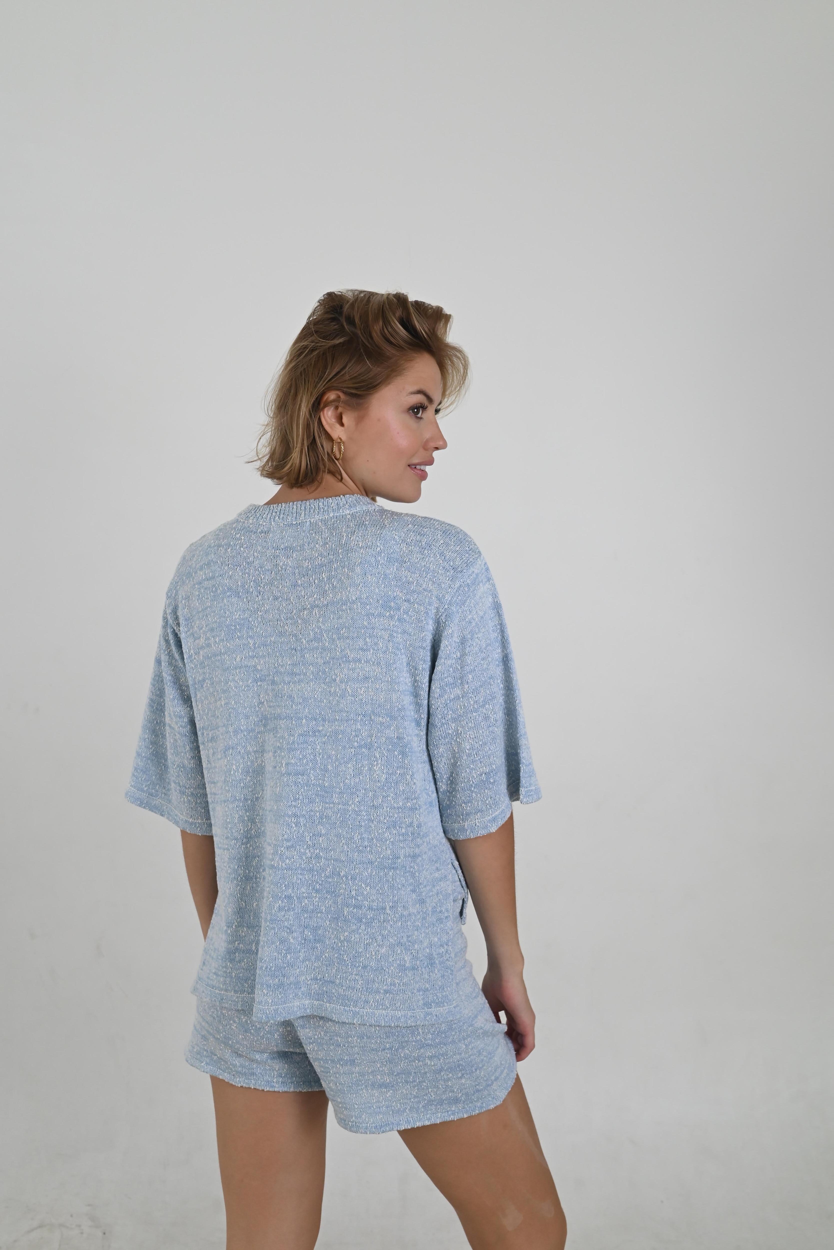 Back of Quinn Ocean Knit Short made from a cotton-acrylic blend