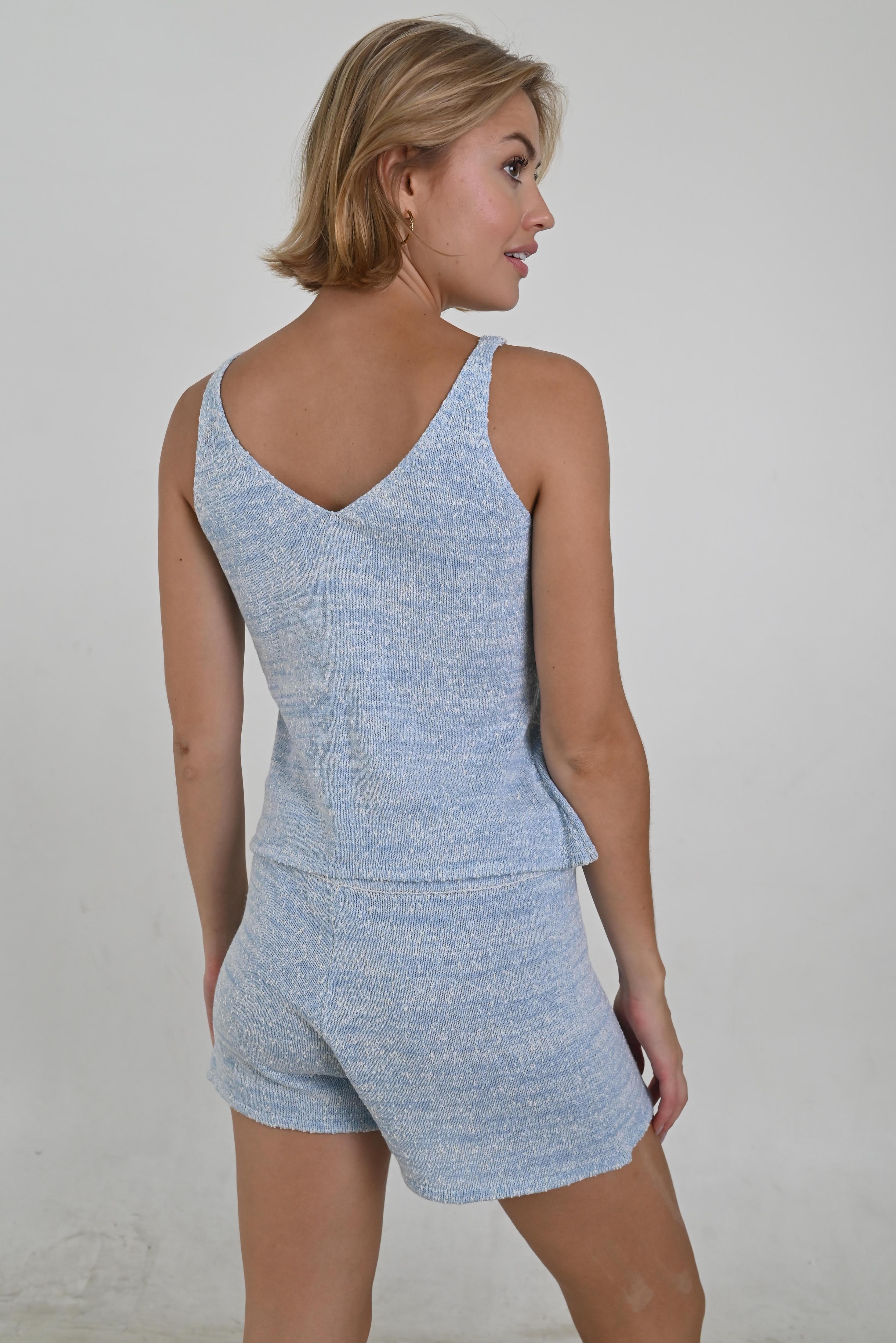 Back of Quinn Ocean Knit Short made from a cotton-acrylic blend